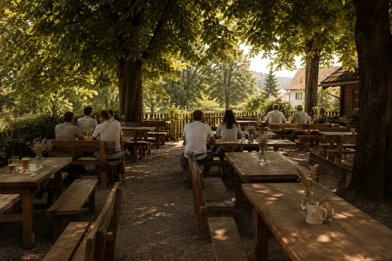 Biergarten mit Holzbänken unter Kastanien am Nachmittag