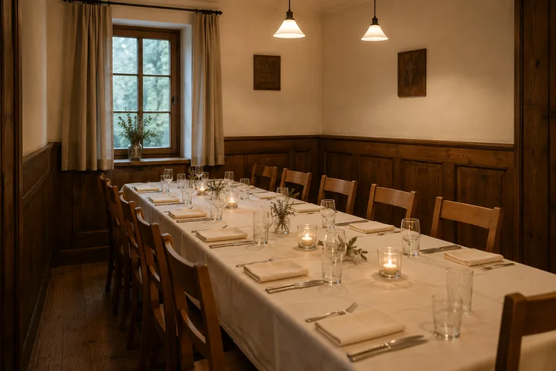 Nebenzimmer mit langer gedeckter Tafel und Kerzen
