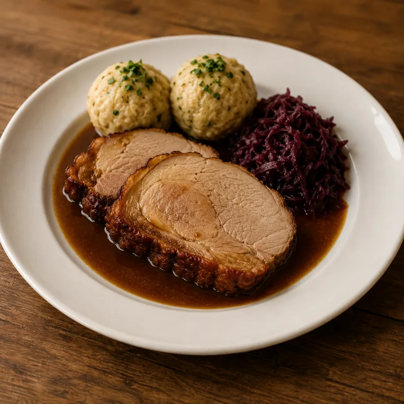 Schweinebraten mit zwei Semmelknödeln und Blaukraut auf weißem Teller